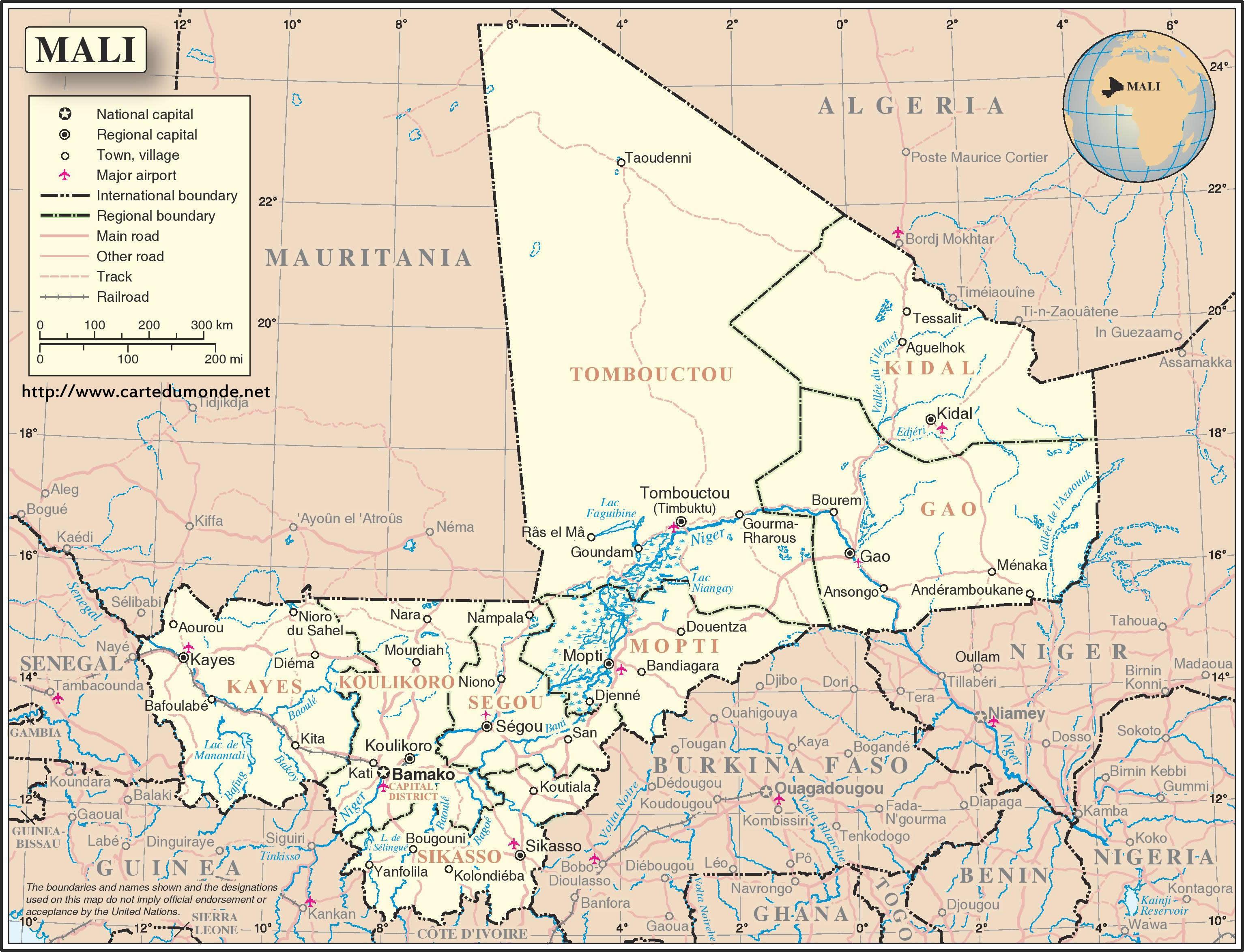 Mali karta - Karta över Mali i Västra Afrika - Afrika)